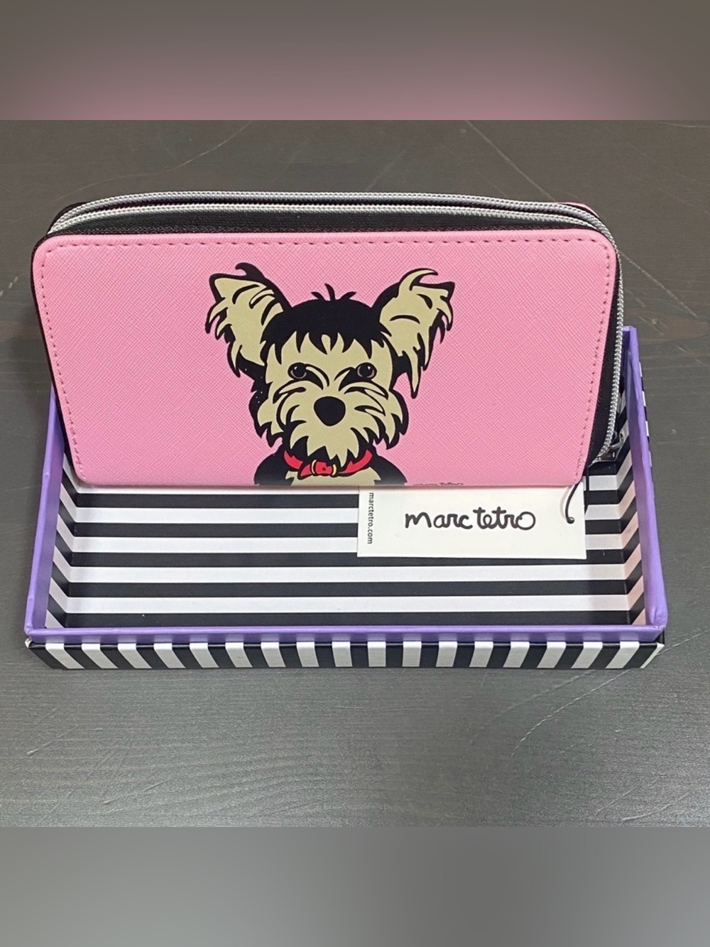 Marc Tetro Yorkie Zip Around Wallet Pink Black Striped Yorkshire Terrier NWT Box